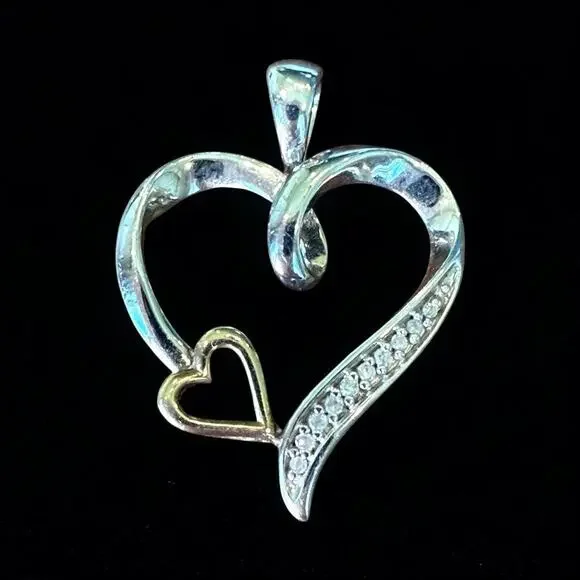 925 Sterling Silver / 10K Gold Real Diamond Double Heart Charm Pendant - Picture 12 of 12